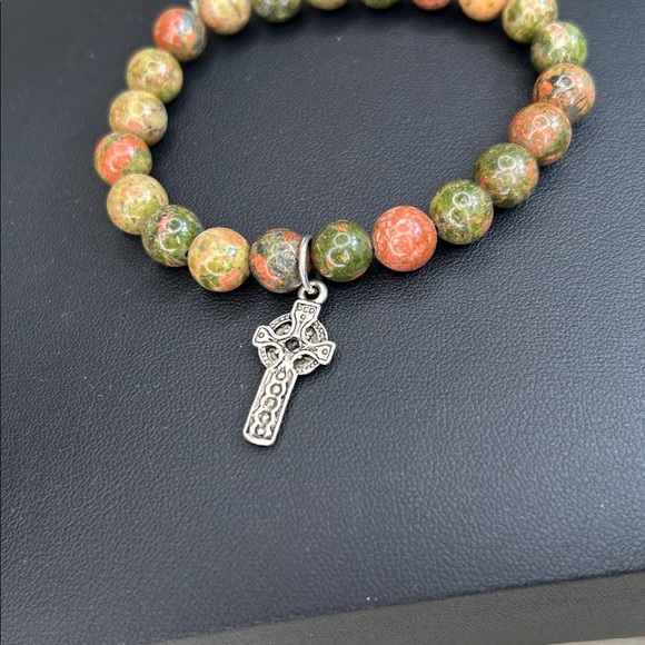Unakite Stone Beaded Bracelet with Cross Charm - Picture 4 of 8